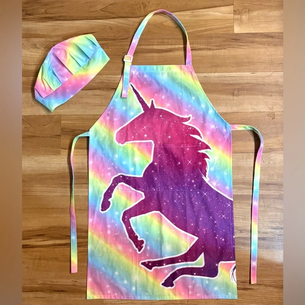 Girl’s Rainbow Unicorn Chef Apron and Hat Set, Kids Size 10